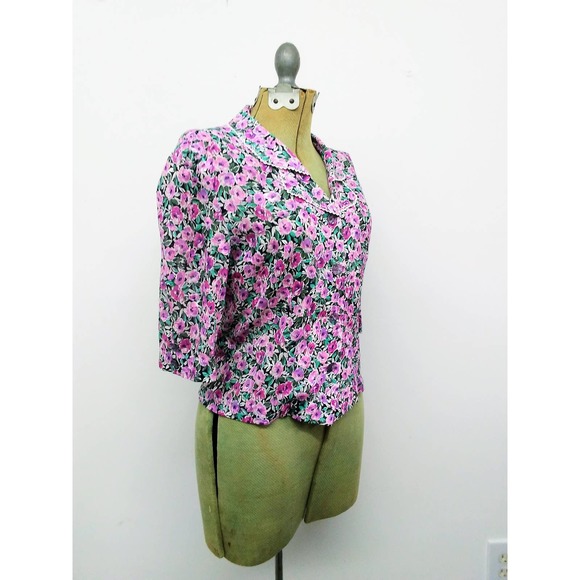 Vintage 80s Does 40s Floral Button Front Top Blouse with Collar - Picture 4 of 7